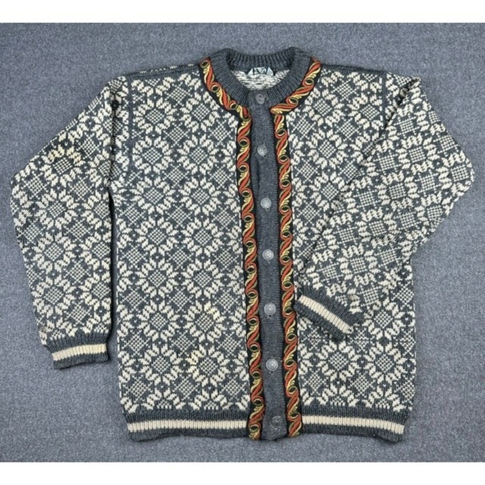 Dale of Norway Wool Cardigan Sweater Gray Nordic Fair Isle Pewter Button Womens